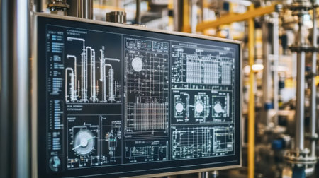 This image showcases a detailed control panel filled with graphs and diagrams in an industrial setting, highlighting automation and data monitoring capabilities.の素材
