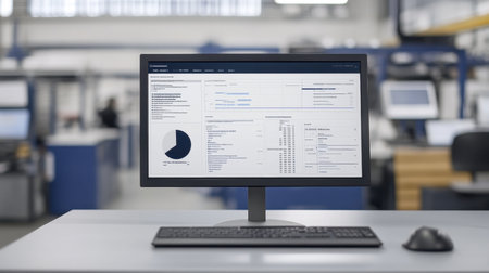 A modern workspace features a computer with a data analytics dashboard. The blurred background showcases professionals engaged in various activities within a contemporary office.の素材
