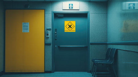 A serene industrial hallway showcases a maintenance door with a vivid warning sign. Empty chairs create a tranquil atmosphere in a modern building.の素材