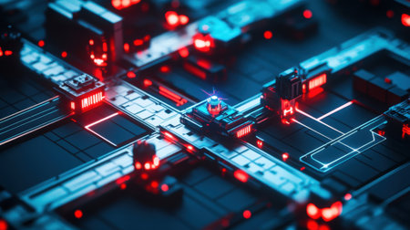 Explore a captivating abstract cityscape featuring intricate circuit patterns and vibrant neon lights. This cyberpunk-inspired image captures the essence of technology and innovation.の素材