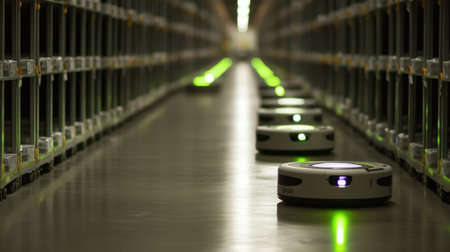 A series of automated robots glide through a modern warehouse, utilizing bright green lights to enhance navigation. This image showcases cutting-edge technology in logistics.の素材