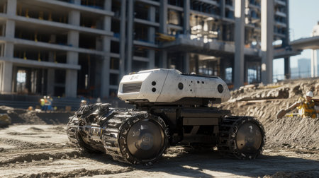 A modern robot vehicle showcased at a dynamic construction site, surrounded by heavy machinery and ongoing architectural development, symbolizing innovation in engineering.の素材