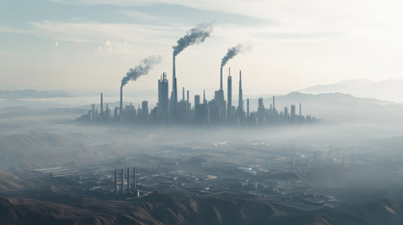 A stunning aerial view captures an industrial cityscape shrouded in fog, showcasing smoke stacks against a mountainous backdrop in the soft morning light.の素材