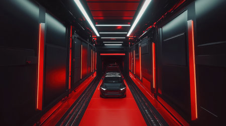 Explore a modern garage space featuring a striking black car illuminated by vibrant red lights, creating a sleek and futuristic atmosphere perfect for innovative design.の素材