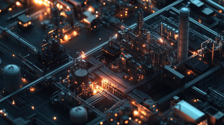 A captivating aerial view showcasing a modern industrial complex filled with glowing lights, intricate pipelines, and advanced machinery, illustrating energy production.の素材