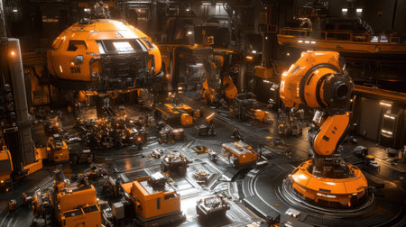 Explore a high-tech workshop setting showcasing advanced robotics and intricate machinery in a vibrant orange hue. Experience innovation in a modern industrial space.の素材