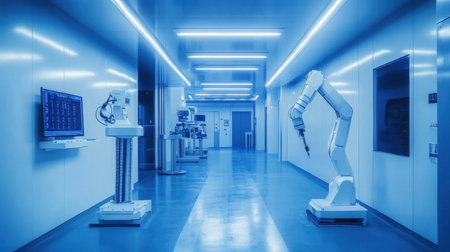 A sleek corridor showcasing a futuristic robotic arm and advanced machinery under blue lighting, representing innovation and automation in modern industrial environments.の素材