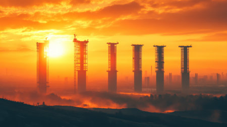 A captivating scene of a sunset illuminating construction towers against a vibrant sky. The silhouettes create a dramatic contrast with the warm colors, evoking beauty.の素材