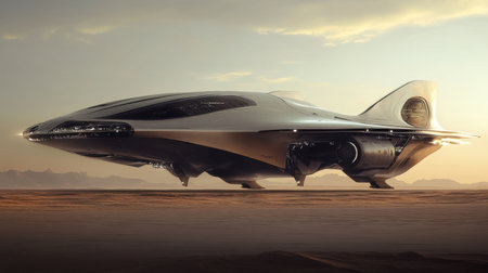 A stunning futuristic spaceship rests on a serene desert landscape during a vibrant sunset, showcasing innovative design and advanced technology perfect for science fiction themes.の素材