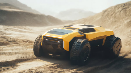 A sleek, futuristic off-road vehicle navigates a sandy desert landscape, showcasing its robust design and adventurous spirit for exploring harsh terrains with confidence.の素材