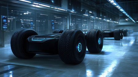 This image showcases futuristic electric vehicle designs within a high-tech warehouse, featuring sleek aesthetics, neon accents, and innovative technology for modern transportation.の素材