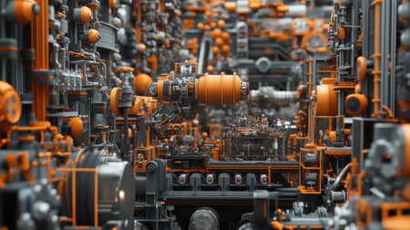 Explore a futuristic industrial scene filled with intricate machinery elements in orange and gray, showcasing advanced technology and complex mechanical designs in a dense environment.の素材
