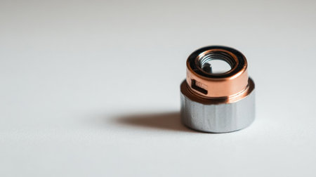 Close-up view of a metallic component featuring a copper and silver finish, ideal for industrial and engineering projects, showcasing intricate details and design.の素材