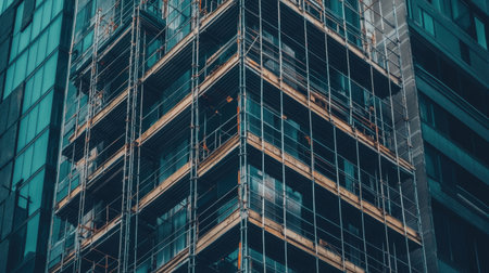 A close-up view of a modern building in progress, showcasing scaffolding and glass detail. This image captures the essence of urban development and architectural innovation.の素材