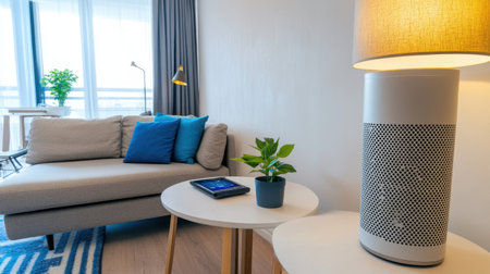 This image showcases a cozy modern living room featuring a stylish sofa, a chic lamp, a potted plant, and a tablet on a wooden table, bathed in natural light.の素材
