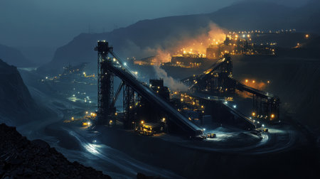 A captivating industrial scene featuring heavy machinery and bright lights illuminating a mining operation at night, set against a foggy mountain backdrop.の素材