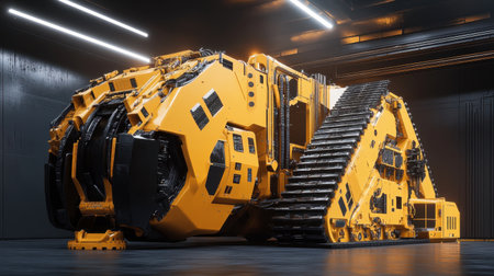 A large industrial mining machine showcases its robust design and advanced technology on display in a modern warehouse, blending efficiency and powerful performance.の素材