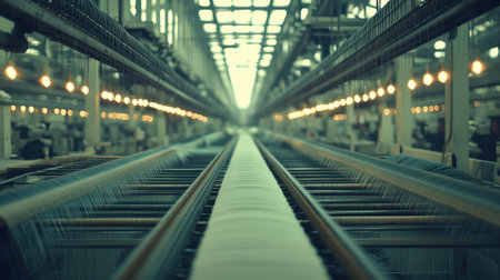 Explore the intricate details of an industrial weaving mill, showcasing machinery and threads in a vast workspace filled with bright lights and a dynamic environment.の素材