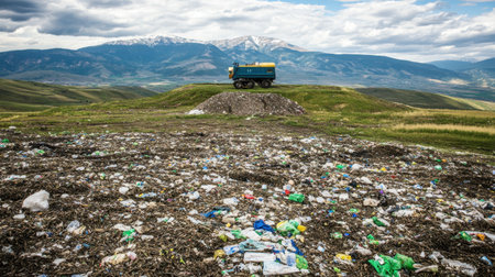 A striking view of a landfill site featuring a waste collection truck amid scattered debris and stunning mountain scenery, highlighting urgent environmental issues.の素材