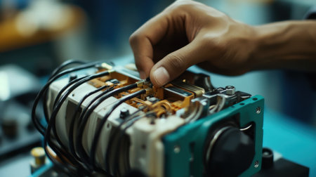 A skilled technician's hand delicately adjusts mechanical components in an industrial setting, showcasing the intricate details involved in equipment assembly and repair.の素材