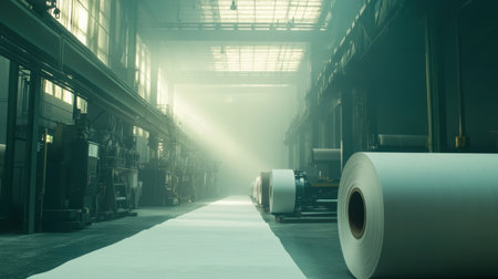 This image captures a tranquil moment in an industrial setting, featuring large rolls of paper on a factory floor illuminated by soft light, creating a serene atmosphere.の素材