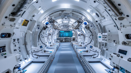 Explore a high-tech laboratory interior showcasing modern design with advanced machinery, bright lighting, and spacious walkways suitable for innovative research activities.の素材