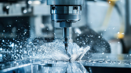 A modern CNC machine performs precise metal cutting with an effective water coolant system, highlighting innovation and technology in contemporary manufacturing settings.の素材