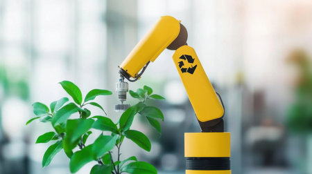A vibrant robotic arm interacts with a green plant in a modern workspace symbolizing innovation and sustainability in technology, highlighting the synergy between nature and machines.の素材