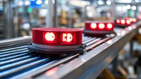 Bright red signal lights on a conveyor belt in a modern warehouse create an alert system for safety and efficiency in industrial automation processes.の素材