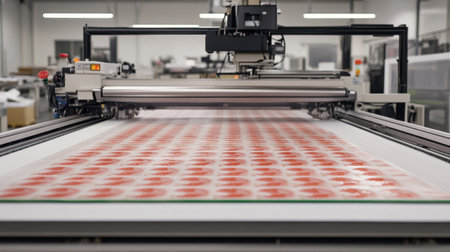 A high-precision printing machine operates in an industrial setting, showcasing vibrant red circles on a large sheet of paper, highlighting advanced printing technology and efficiency.の素材