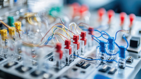 A detailed close-up of an electronic circuit board showcasing a vibrant array of cables and connectors, reflecting the complexity and innovation in modern technology design.の素材