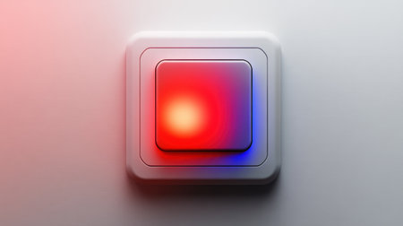 A visually striking emergency button with illuminated red and blue colors. It stands out against a minimalist gray background, emphasizing alertness and modern design.の素材