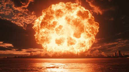 A breathtaking explosion lights up the sky in an industrial setting, showcasing a fiery eruption against a dramatic sunset, combining beauty and chaos in one moment.の素材