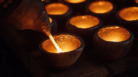 This image captures molten metal being poured into clay molds, showcasing the vibrant orange glow and intricate details of artisan metalworking practices in a workshop setting.の素材