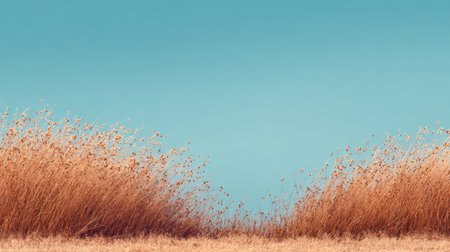Breathtaking depiction of wild grass swaying gently under a vast blue sky, creating a peaceful atmosphere ideal for nature-themed projects or serene backgrounds.の素材