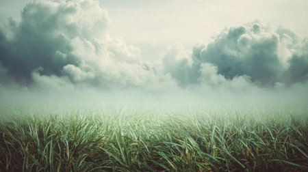 A picturesque grass field beneath a dramatic sky filled with clouds and mist, creating a serene natural landscape that evokes tranquility and beauty.の素材