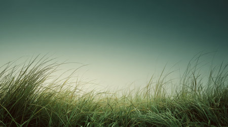 A serene landscape featuring delicate grass blades in a gentle sway beneath a soft, diffuse light. The calm atmosphere evokes feelings of peace and tranquility.の素材