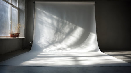 A serene white backdrop captured in a minimalist studio, where soft natural light filters through a window, creating gentle shadows and an inviting atmosphere.の素材