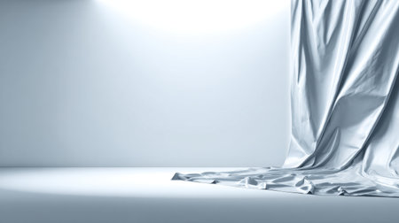 This image showcases a draped smooth silver fabric against a minimalist background. Soft lighting enhances the texture and creates a serene atmosphere, perfect for design projects.の素材