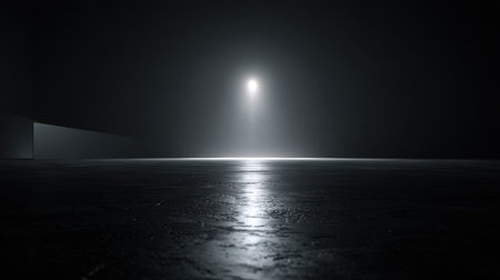 An empty, dark room with a single light source creates an atmosphere of mystery. The reflective floor enhances the dramatic contrast between light and darkness.の素材