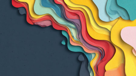 This captivating image showcases vibrant layered colors flowing harmoniously against a dark background, ideal for creative work and modern art applications.の素材