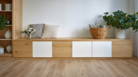 Bright and airy living room showcasing elegant wooden furniture, inviting cushions, and lush plants, creating a warm and serene space perfect for relaxation.の素材