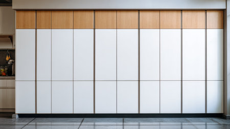 A modern kitchen featuring sleek white cabinetry complemented by warm wooden accents. This minimalist design exemplifies contemporary elegance and functional organization.の素材