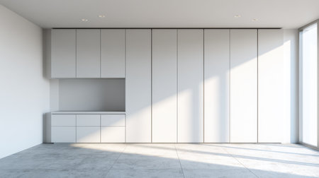 Spacious interior showcasing a minimalist design with light gray walls and contemporary cabinetry. The bright environment creates a serene and elegant atmosphere.の素材