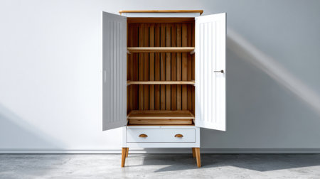 This image features a stylish white wooden cabinet with open doors and shelves, perfect for enhancing modern interior spaces with minimalistic aesthetics.の素材