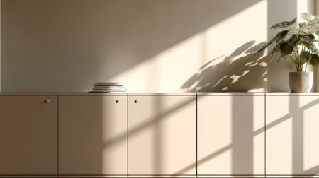 A stylish minimalist cabinet enhances a serene interior, featuring soft shadows from a bright sunlight creating patterns on a neutral wall and adorned with a green plant.の素材