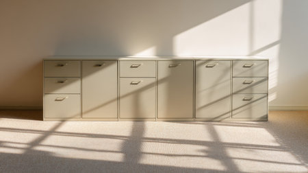 This photo features a modern office storage unit with several drawers and cabinets, illuminated by sunlight, creating striking shadows on the wall and floor.の素材
