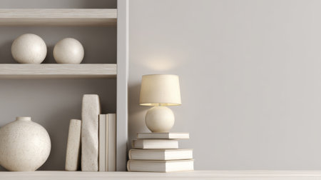 A serene and elegant scene showcasing a soft light lamp, decorative pottery, and neatly stacked books on a modern shelf, creating a tranquil and inviting atmosphere.の素材