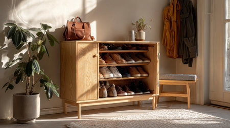 Bright and inviting interior scene featuring a modern shoe cabinet with a wooden finish, complemented by a stylish handbag and vibrant indoor plants in warm sunlight.の素材