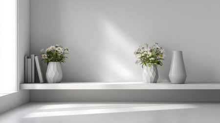 Bright and airy interior featuring stylish vases with fresh flowers on a minimalist shelf, showcasing modern design and peaceful ambiance perfect for home decor.の素材
